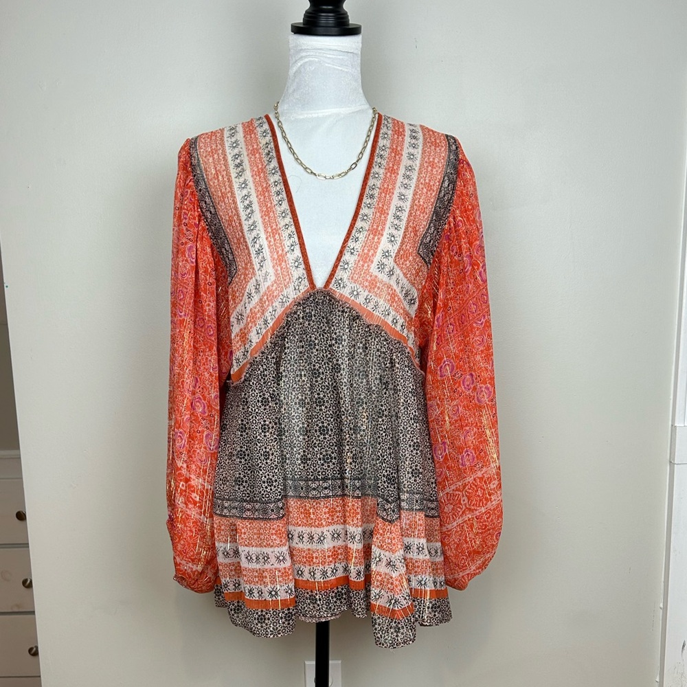 Free People Orange Black Patchwork V-Neck Tunic
